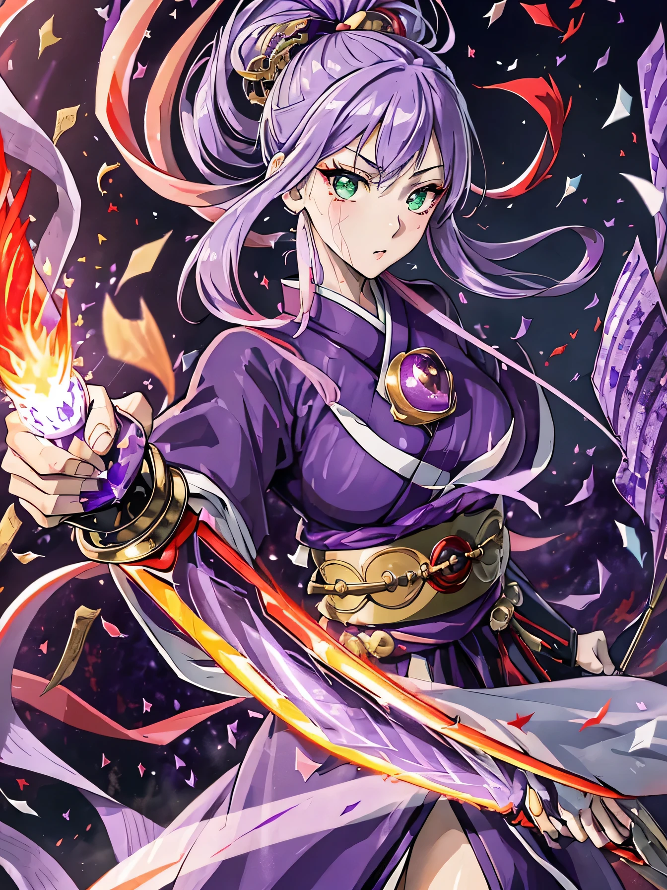 high resolution:1.7, incredibly absurdres, kawaii:1, cute:1.5, hires.fix, incredibly fine illustration,8k,masterpiece:1.2,best quality, high quality, exquisite, beautiful, insanely detailed, intricate detailed, extremely detailed, Super Definition, ultra high res, Super Resolution, best aesthetic, ultra detailed:1.5, best quality, perfect face, detailed face, masterpiece:1.2, illustration:1.2, 8k cg wallpaper, stunning art,absurdres,octane render,ultra hires,1girl, (kunoichi:1.2), black hair,(wide eyes:1.4,big green eyes,enchanting bright eyes studded with gold and silver dust,wet crystal eyes),(finely detailed beautiful eyes),lean body,waist slender,leg slender, (Japanese clothes),kimono,ninja, (kunoichi uniform), (gauntlet:1.2), (greave:1.2), (gaiter:1.2), (purple flame:1.5), (red fire:1.5), (holding white flame sword:1.5), (holding blue energy sword:1.3), (purple flame katana:1.3), (swing a purple flame sword:1.3),
battle,fight,(action pose: 1.4),(vengeful spirit come's attack), (vs vengeful spirit),(purple confetti:1.5),(cave),tentacles,dungeon,(dutch angle),dark mystic ruins
