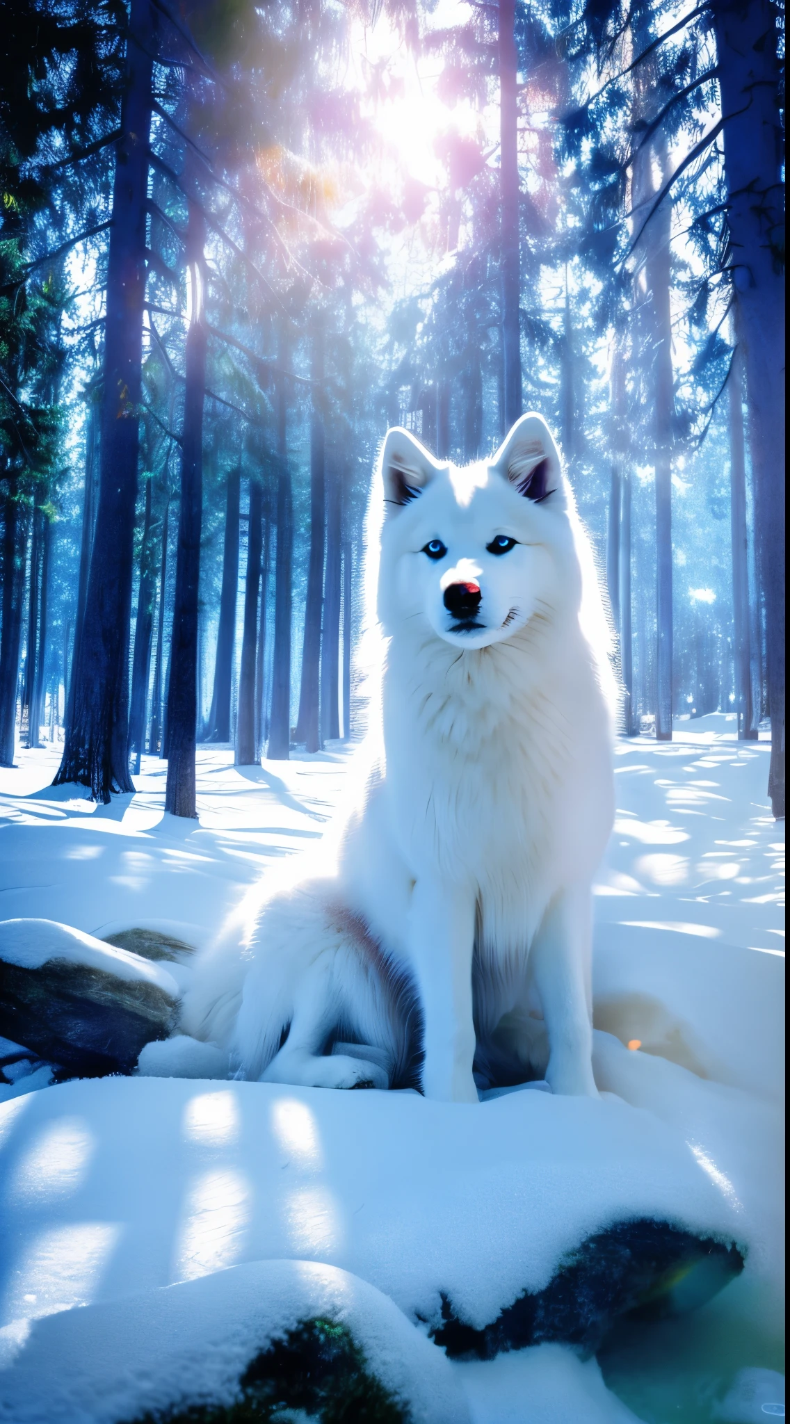 The most beautiful and enchanted Huskie , white fur, glowing blue eyes, in the most beautiful enchanted forest, highly detailed, perfect masterpiece, high quality, high resolution, one white Huskie dog, (((no people))),