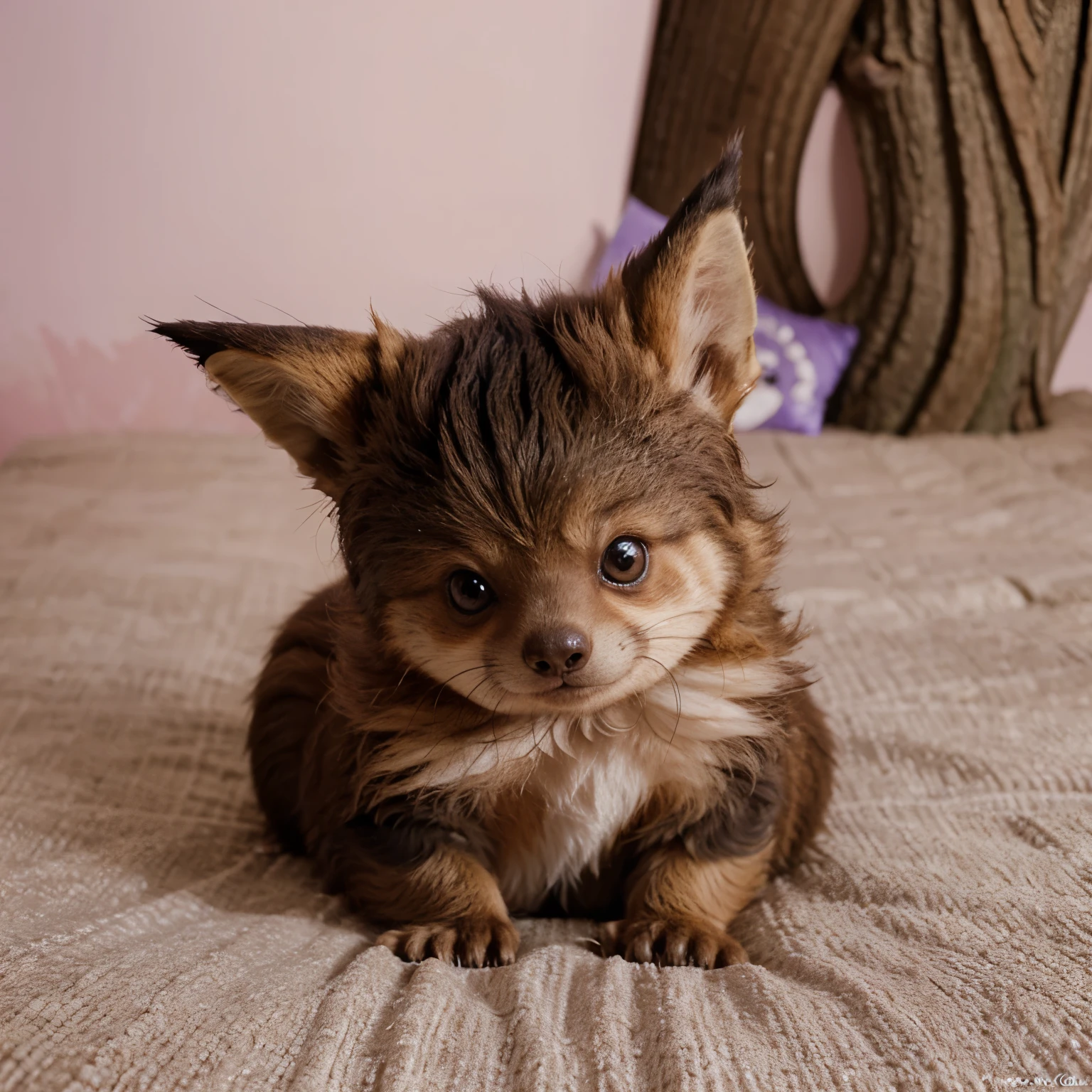 Little furry anime animal, resembling a mixture of squirrels, sloth and fox. He has big purple eyes, fluffy tail and pointy ears.