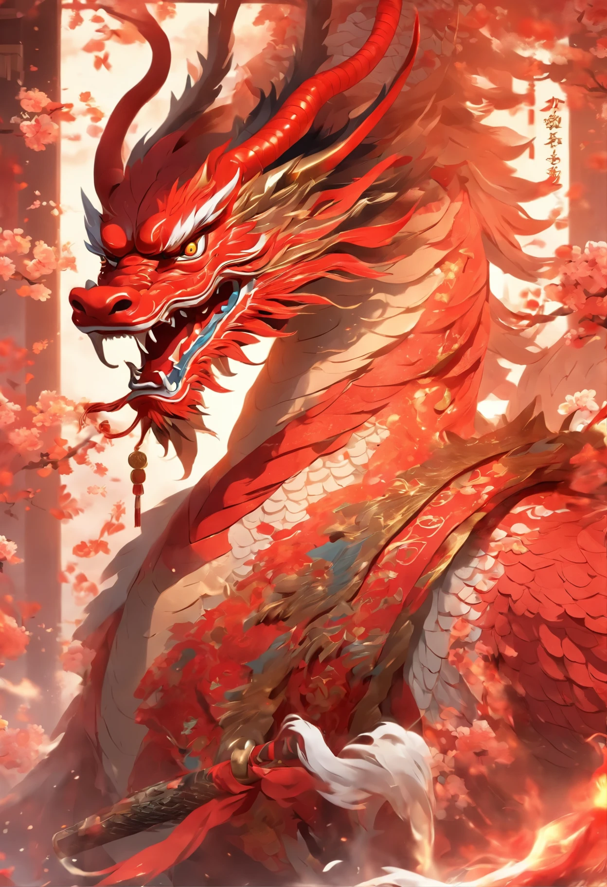 (best quality,16K), handsome and cool IP character, Humanoid Chinese dragon, dressed in a stylish and traditional red and white Chinese costume, wielding a sword, with a modern Chinese style, richly detailed 3D illustration, capturing the essence of Chinese culture and aesthetics.
