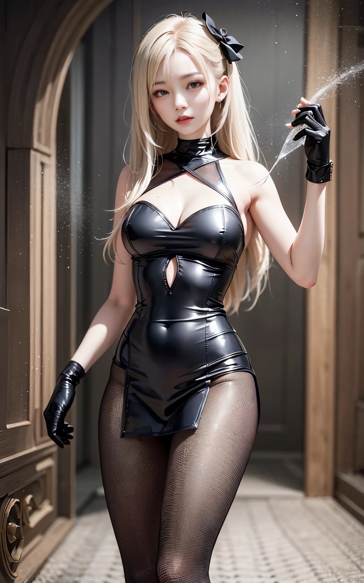 best quality,master piece,High resolution,(beautiful face),looking at the viewer,Are standing,((Half body)),((White vest)),((black leather skirt)),Hands in gloves,right arm hanging down