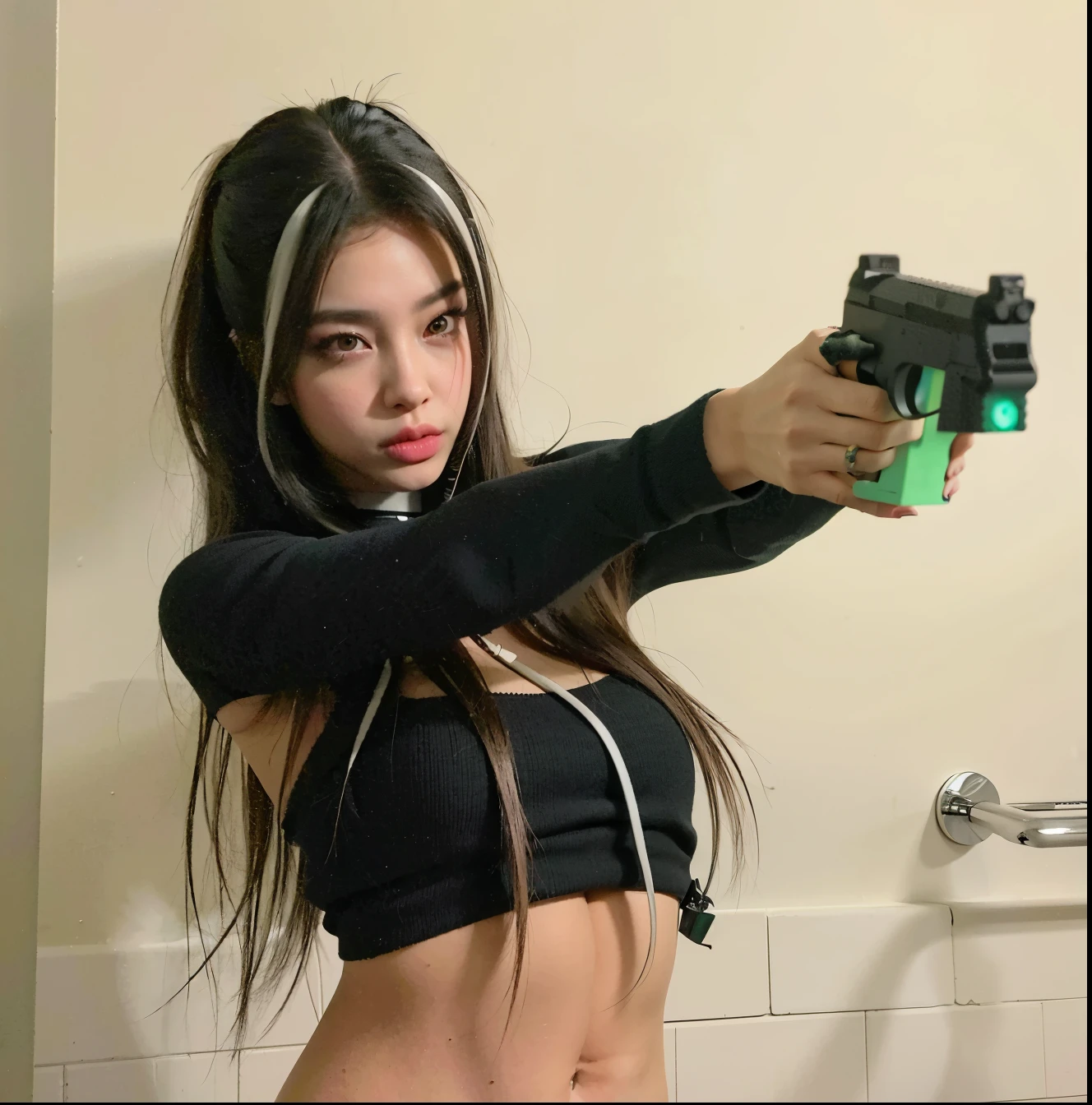 there is a woman holding a gun in a bathroom, with pistol, ariana grande as a sith, with rifle, soft devil queen madison beer, madison beer as leeloo, pokimane, cyberpunk photo, trinity from the matrix, loba andrade from apex legends, kailee mandel, in an action pose, cyberpunk girl, cyberpunk judy alvarez, blackpink lisa, blackpink jennie