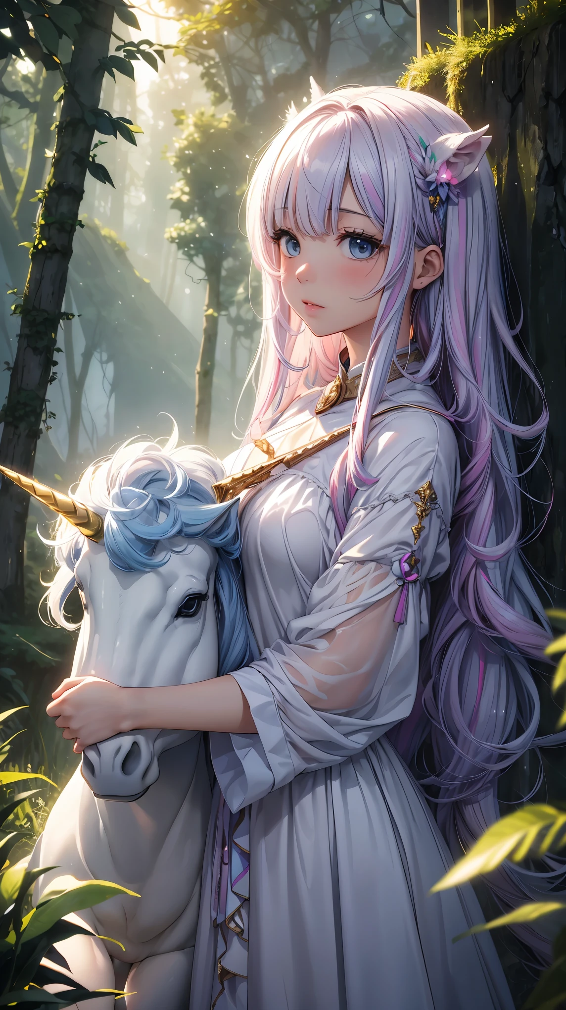 (8K, RAW photo, highest quality, masterpiece: 1.2), High-definition RAW color photo, Professional photography, cinematic light, (((unicorn and girl painting)))、white horse with horns、A virgin wearing a transparent white dress、A girl who protects her purity snuggles with a unicorn:1.37、Gentle atmosphere、in the forest、The world of fantasy、pouring light、fantasy art、hazy、