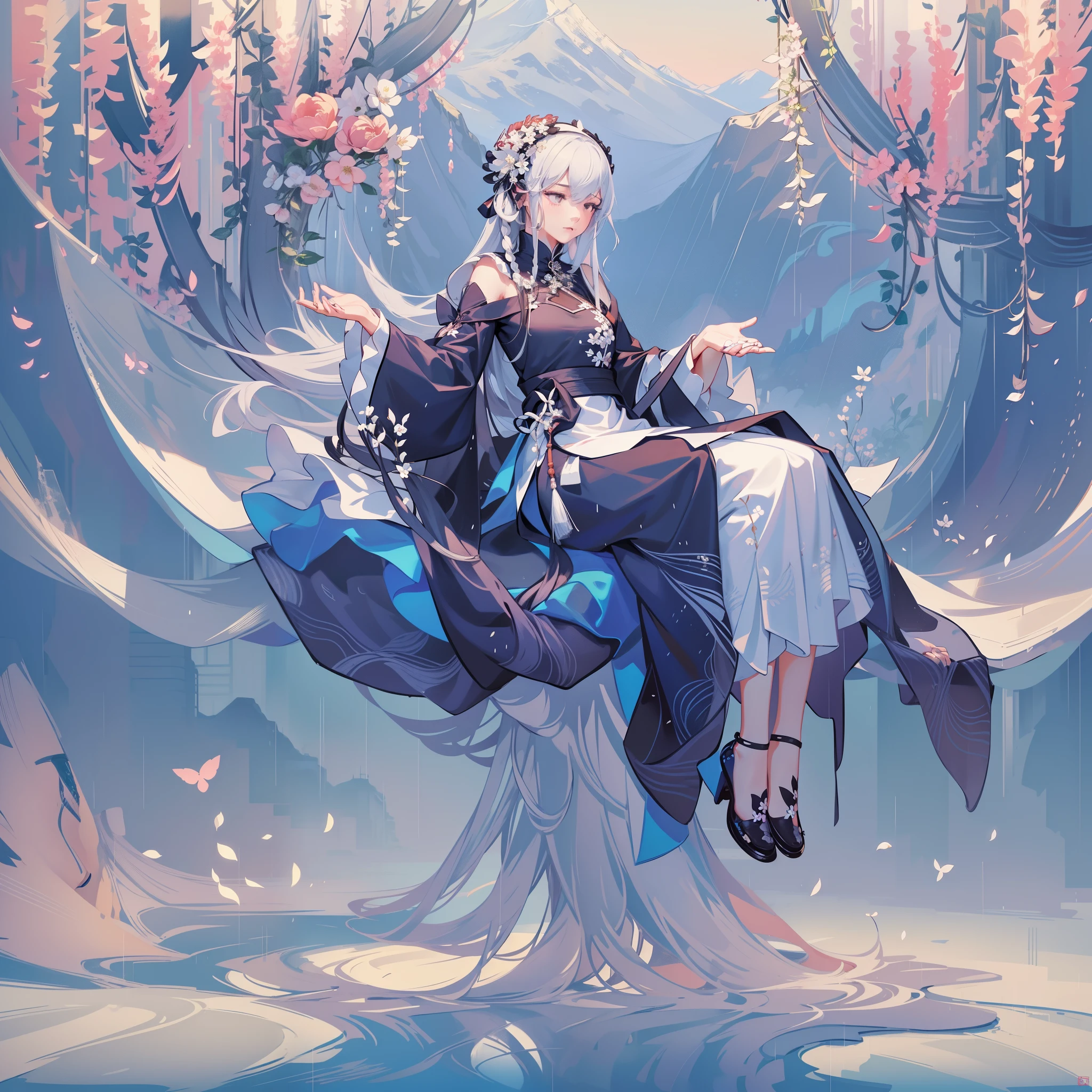 1 girl, Full body image, black hair, flowing hair, Hazy beauty, Extremely beautiful facial features, White embroidered dress, hairpin on her head, Lie in the flowers, Hand dragging chin, perfect hands, white flower, (spring, rainy day, Terraces, Mountain), Simple vector art, Chinese contemporary art, soft light, overlooking