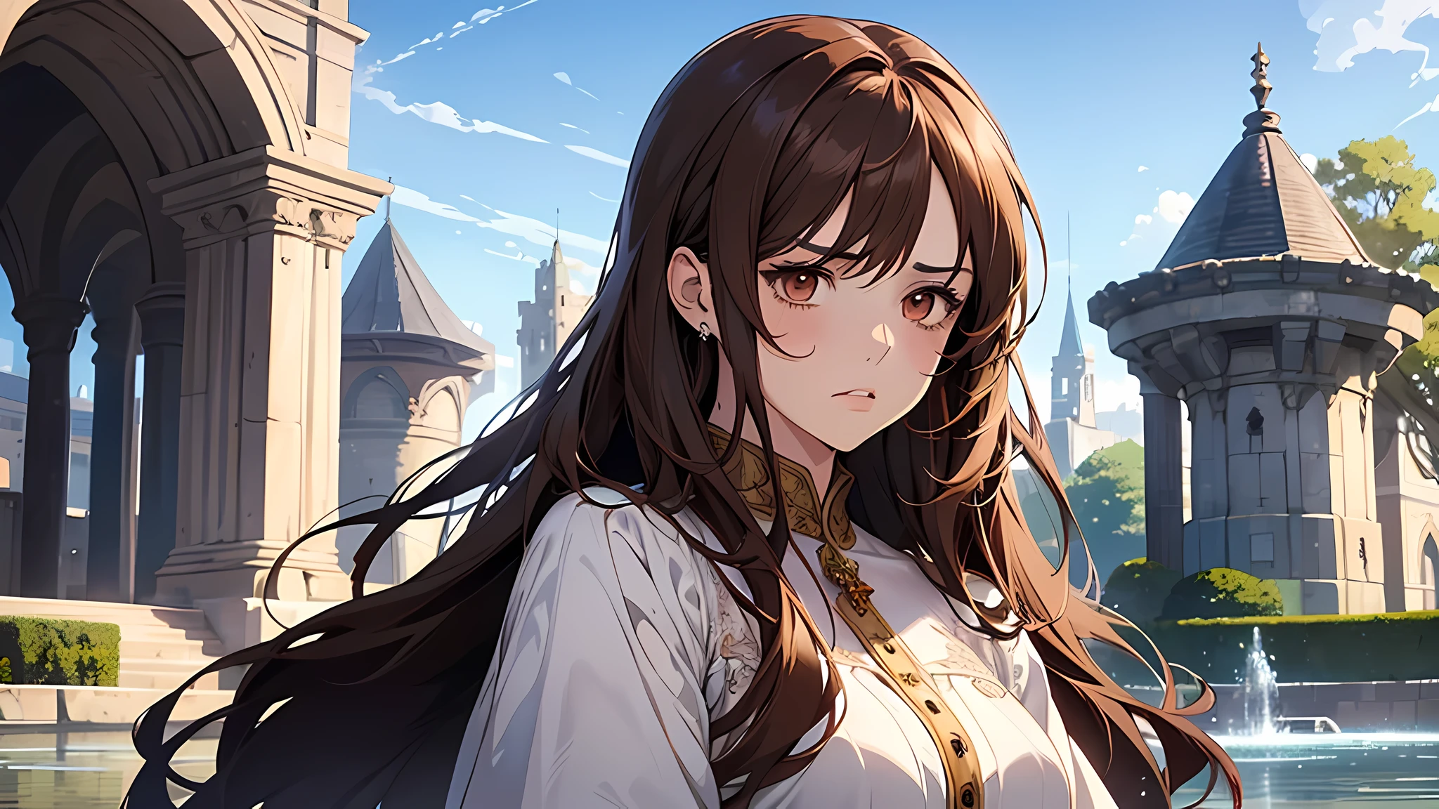 beautiful girl, thick brown hair, brown eyes, plump lips, face detailed, Clear facial expressions,Detailed digital anime art,digital anime art,High quality anime art style,medieval times, wearing white gown, in fountain, blue sky, confused face, frown