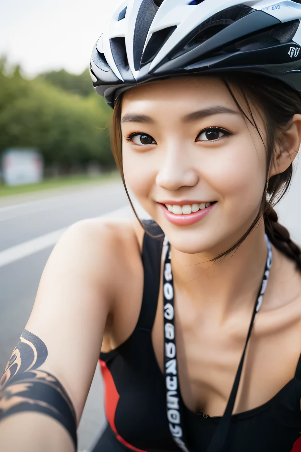 (8K, RAW photo), film grain, ultra high resolution, ultra detail, (Super skin details), incredibly absurd, powerful rim light, Asian, slim girl, enchanting smile, stare intently, small, tattoo, braided hair, blonde hair, ((light brown hair)), (Photoreal: 1.3) dawn, 1 girl, outdoor, (black shirt: 1.2), (urban)))), (highly detailed face), (bangs) , naked body, cycling girls, cycling, cycling wear, bicycle, ロードbicycle, sports, France Tour, (ロードbicycle), (cycle wear women), touring, bicycle, perfect woman face, perfect female body