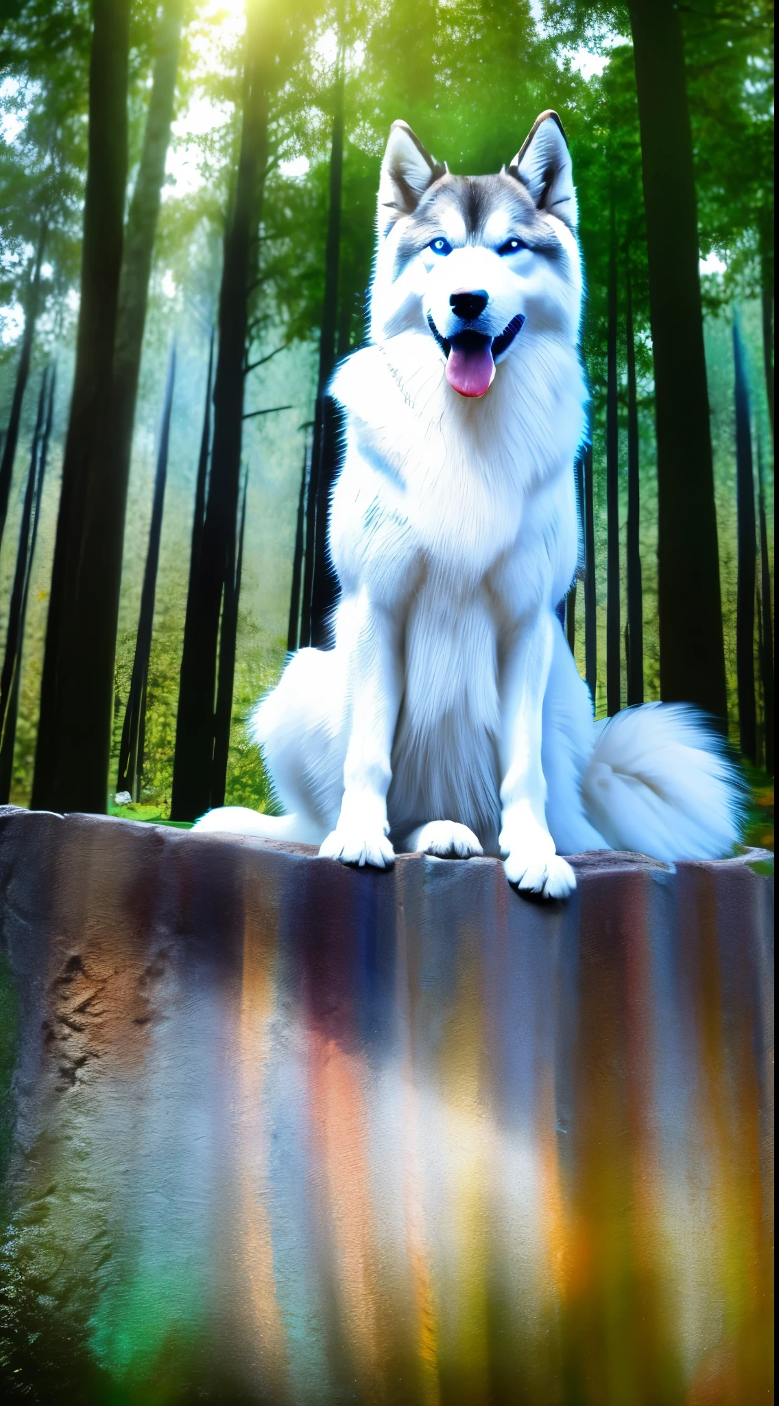 The most beautiful and enchanted Huskie , white fur, glowing blue eyes, in the most beautiful enchanted forest, highly detailed, perfect masterpiece, high quality, high resolution, one white Huskie dog, (((no people))),