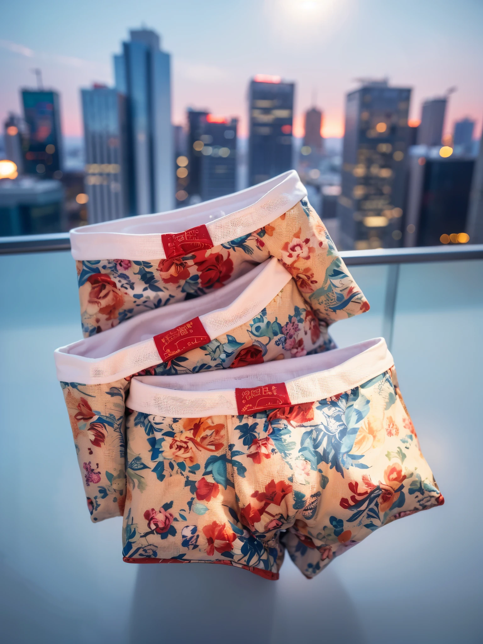 3 pairs of boxers,Place on the ground ( Hotel floor-to-ceiling windows, City:0.7, seaside:1.2) ,Tile,top view,background bokeh