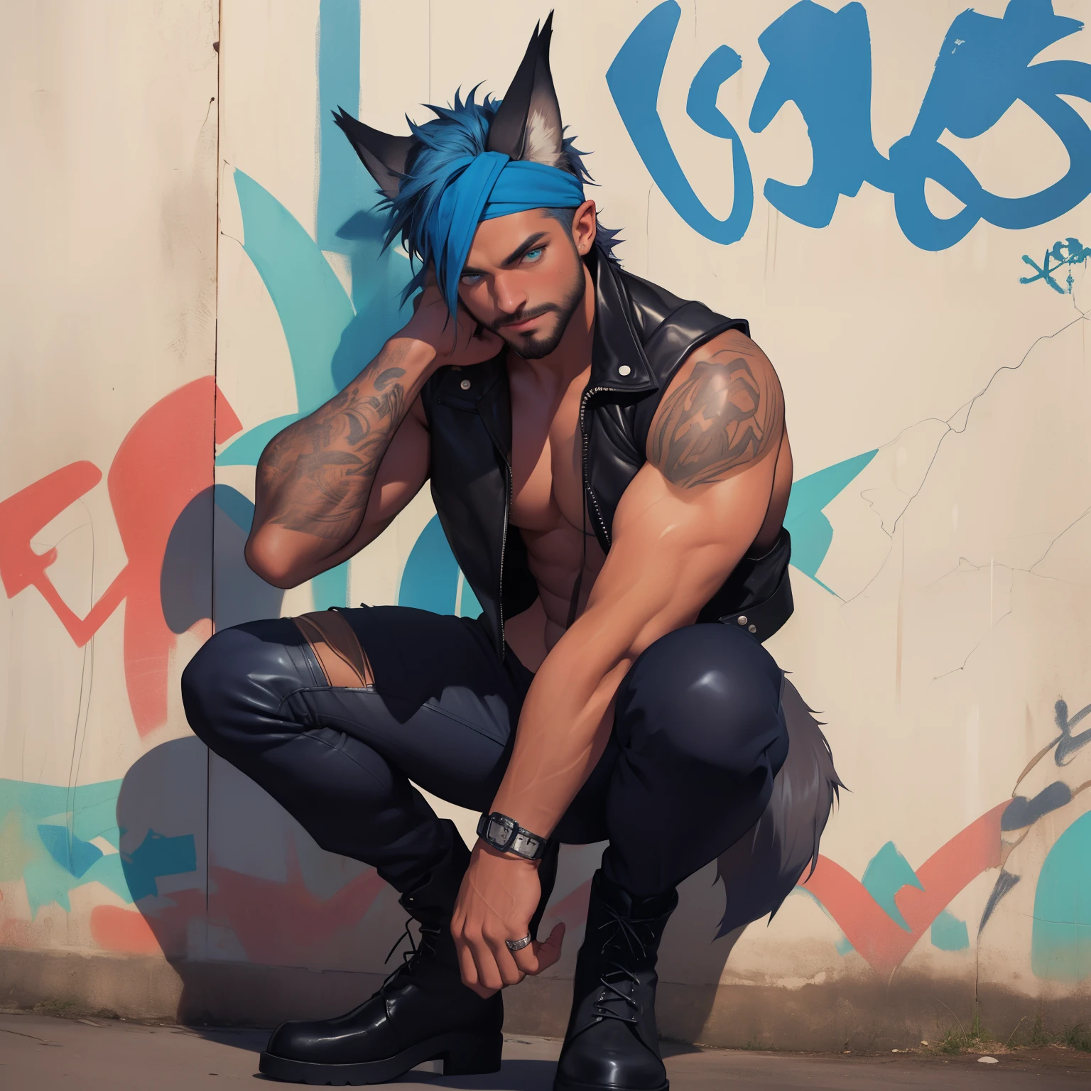 masculine guy ((wearing brown boots)), full body shot, playful pose, super cool, stylish, laid back pose, short beard, lightly hairy body ((tanned skin)), bulge, very short hair, brightly coloured hair, ((has wolf ears)), ((has wolf tail)), smoky grunge punk graffiti, sparkly, glittery, wearing tight leather pants, wearing sleeveless denim jacket with studs, ((he is solo, he is alone)), glowing blue eyes, wearing blue bandana and leather wrist bands, shirtless