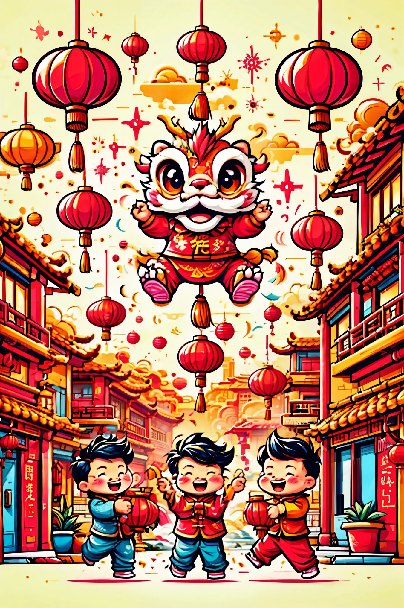 A dynamic and joyful vector-style illustration celebrating the Chinese Lunar New Year. The scene is alive with children playing happily, surrounded by fireworks, firecrackers, and a lion dance performance. The children are dressed in traditional Chinese attire, laughing and holding festive items like lanterns and red envelopes. The background is bustling with decorations typical for the Spring Festival, such as red lanterns and couplets. The atmosphere is festive and colorful, embodying the spirit of Chinese New Year with traditional and cultural elements. The setting is a busy town square with modern Chinese rural architecture