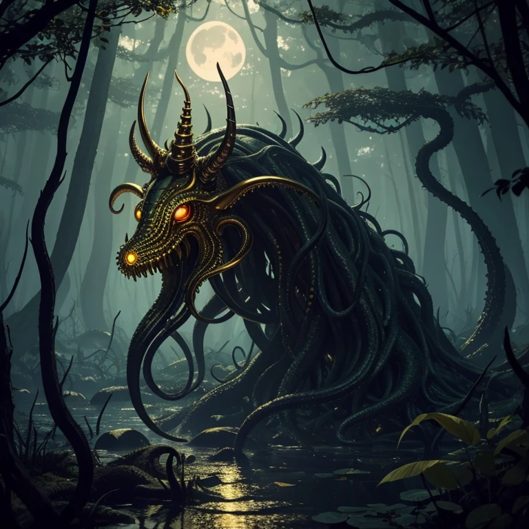 An eldritch horror with many tentacles and many insect eyes crawls through the forest, it has a single golden unicorn head protruding from its head, set in a moonlit swamp