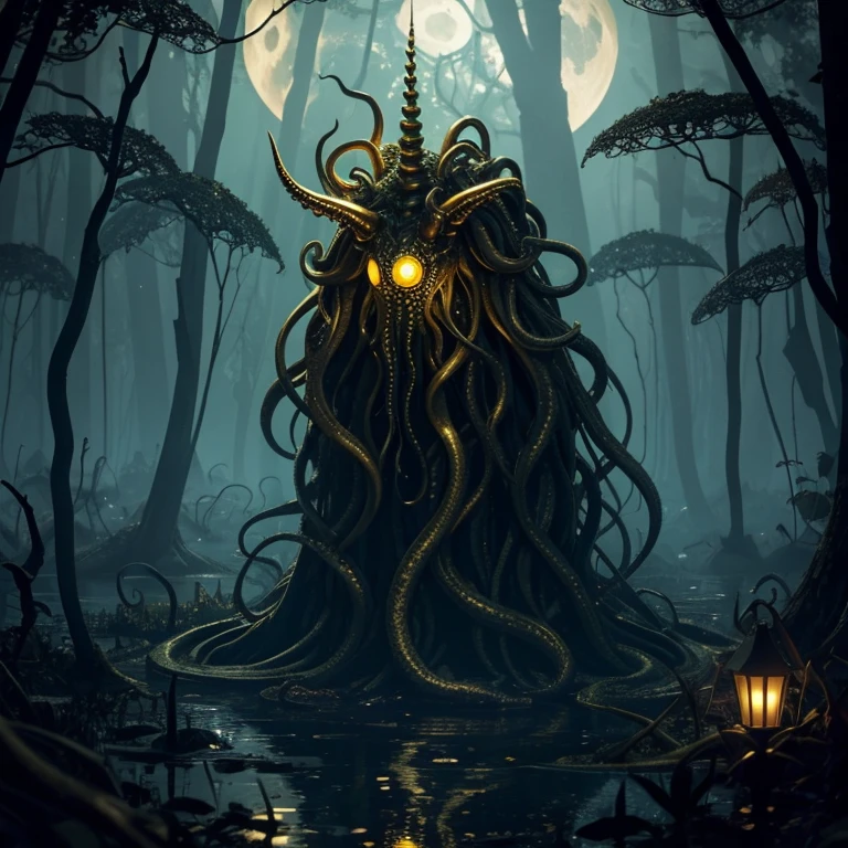 An eldritch horror with many tentacles and many insect eyes crawls through the forest, it has a single golden unicorn head protruding from its head, set in a moonlit swamp