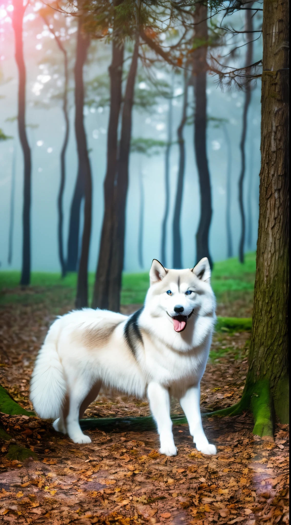The most beautiful and enchanted Huskie , white fur, glowing blue eyes, in the most beautiful enchanted forest, highly detailed, perfect masterpiece, high quality, high resolution, one white Huskie dog, (((no people))),