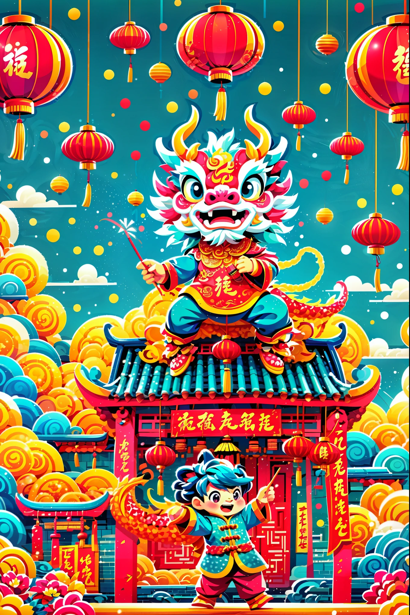 A dynamic and joyful vector-style illustration celebrating the Chinese Lunar New Year. The scene is alive with children playing happily, surrounded by fireworks, firecrackers, and a lion dance performance. The children are dressed in traditional Chinese attire, laughing and holding festive items like lanterns and red envelopes. The background is bustling with decorations typical for the Spring Festival, such as red lanterns and couplets. The atmosphere is festive and colorful, embodying the spirit of Chinese New Year with traditional and cultural elements. The setting is a busy town square with modern Chinese rural architecture