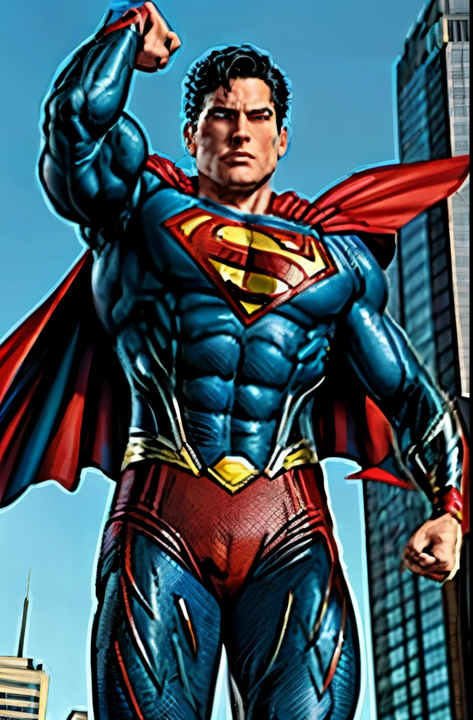 1boy, superman, abs, bara, black hair, blue bodysuit, blue eyes, bodysuit, full length cape, closed mouth, crossed arms, large pectorals, male focus, muscular, muscular male, pectoral lift, pectorals, red cape, short hair, outdoors, skyscrapers, solo, superhero, upper body , ((masterpiece))