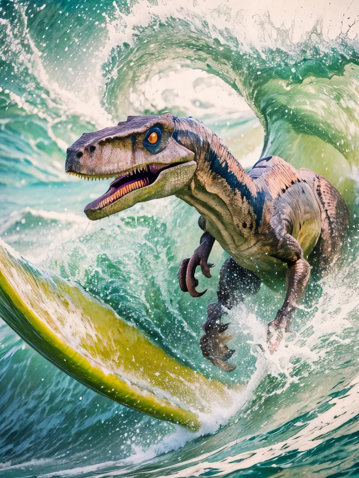 1velociraptor, Close-up photo of a dinosaur surfing in the ocean, Extreme Sports, is sliding along huge Wave, Thrilling tension, surfboard, Wave, dynamic background, Clear skies