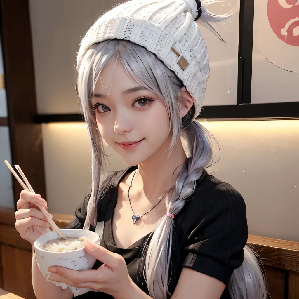 ((super small breasts)),((black eyes)),((Japanese)),((whole body)),((silver hair)),long hair,((very small )),((smile)),heavy makeup,necklace,ponytail,((pink shirt)),((white knit hat)),((At a ramen shop)),((Eat rice))