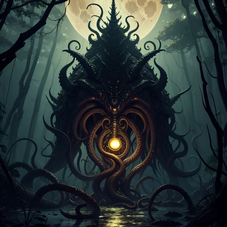 An eldritch horror with many tentacles and many insect eyes crawls through the forest, it has a single golden unicorn head protruding from its head, set in a moonlit swamp