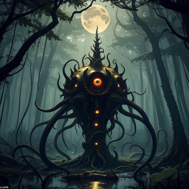 An eldritch horror with many tentacles and many insect eyes crawls through the forest, it has a single golden unicorn head protruding from its head, set in a moonlit swamp