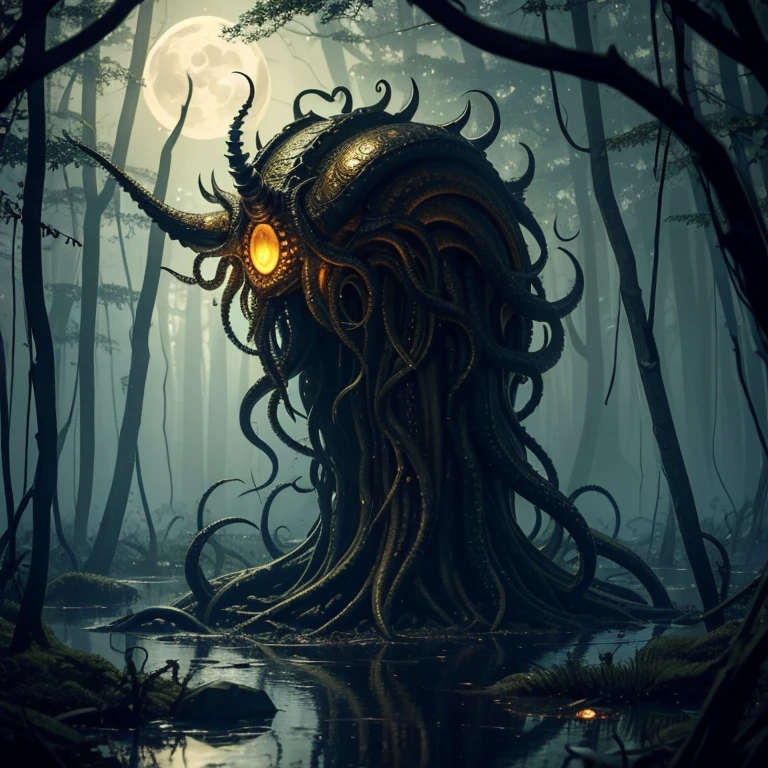 An eldritch horror with many tentacles and many insect eyes crawls through the forest, it has a single golden unicorn head protruding from its head, set in a moonlit swamp