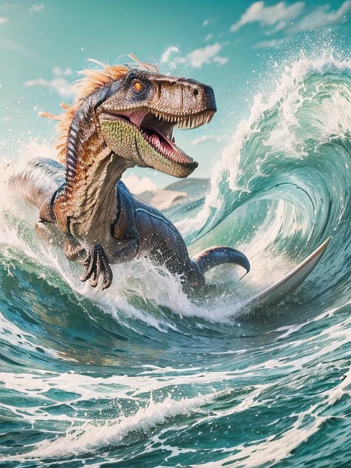 1 velociraptor, Close-up photo of a dinosaur surfing in the ocean, Extreme Sports, is sliding along huge Wave, Thrilling tension, surfboard, Wave, dynamic background, clear sky