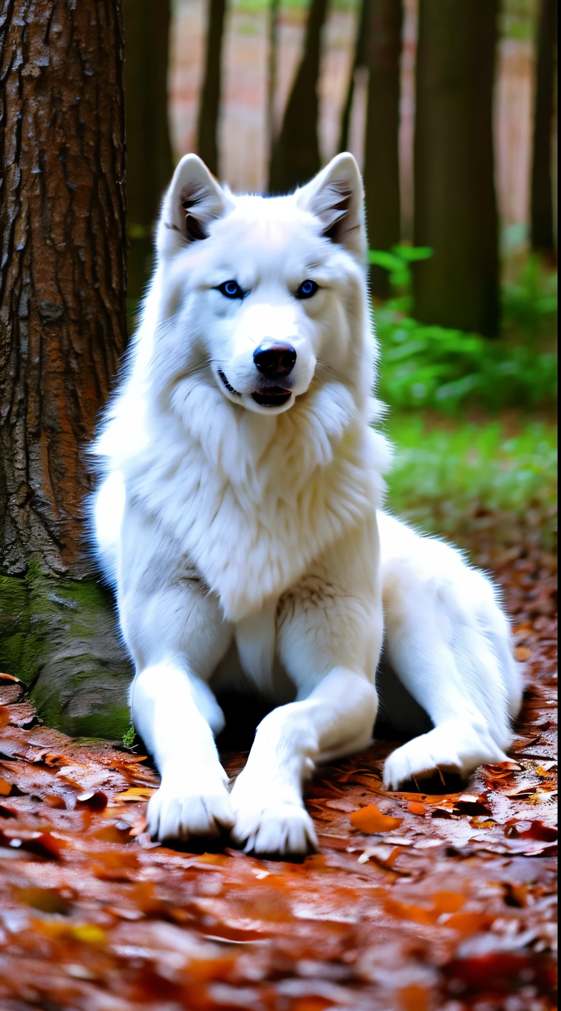 The most beautiful and enchanted Huskie , white fur, glowing blue eyes, in the most beautiful enchanted forest, highly detailed, perfect masterpiece, high quality, high resolution, one white Huskie dog, (((no people))),