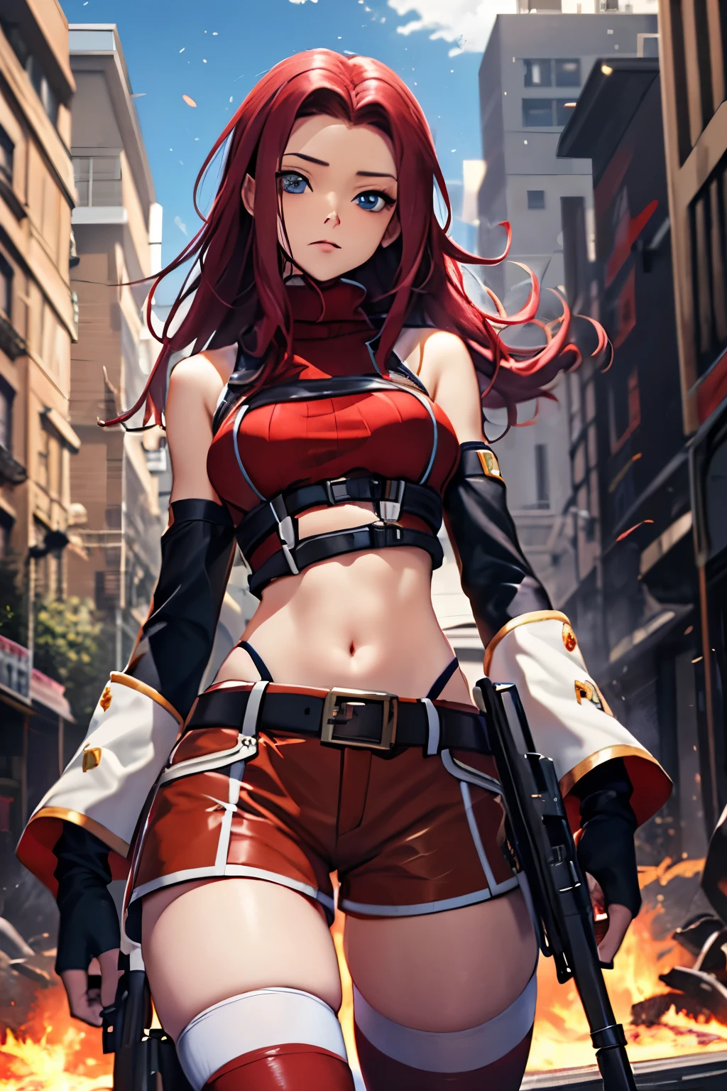 masterpiece, best quality, highly detailed, highres, hdr,
code geass, 1girl, solo, kallen stadtfeld,holding weapon, gun, holding gun, 
bare shoulders, midriff, (((brown sleeveless turtleneck))), red thighhighs, (((brown shorts))), red shirt, ((white detached sleeves)), clothing cutout, zettai ryouiki, white belt, red legwear,
blue eyes, large breasts, black hair, long hair,
cowboy shot, intense angle,
mksks style, beautiful background, detailed background, professional lightning, post-apocalypse, buildings, burning, fire, light particles,