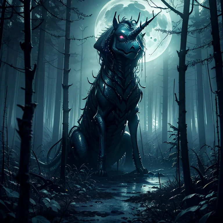 An eldritch horror with many tentacles and many insect eyes crawls through the forest, it has a single golden unicorn head protruding from its head, set in a moonlit swamp