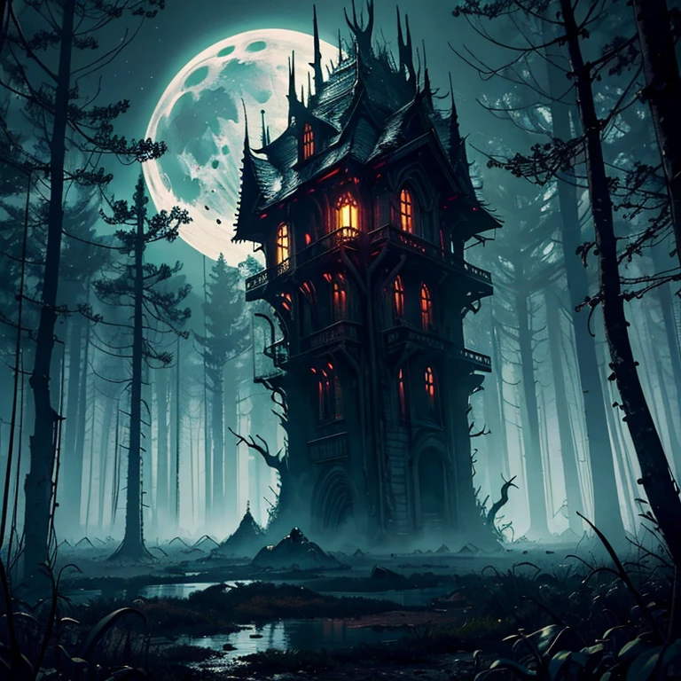An eldritch horror with many tentacles and many insect eyes crawls through the forest, it has a single golden unicorn head protruding from its head, set in a moonlit swamp