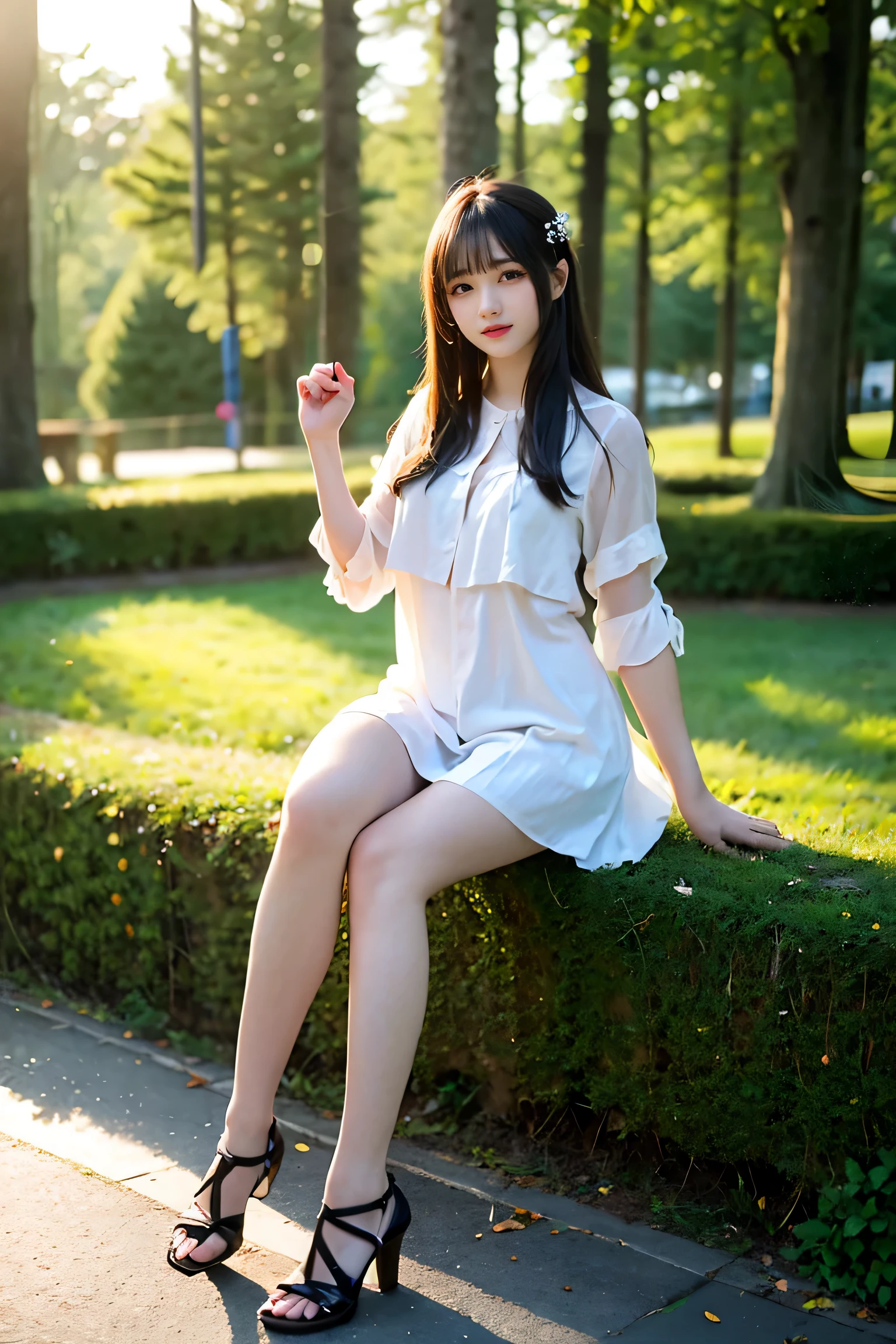 (daytime, need, 8k, masterpiece:1.3)), Full body female love, long legs, focus:1.2, Beautiful woman with perfect body:1.4, slim abs:1.1, ((dark brown hair, big deal:1.2 )), (shift dress，,seat:1.2,), ((urban forest park,seat :1.3)), Highly detailed facial and skin textures, exquisite eyes, double eyelids，long flowing hair