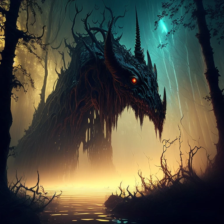 An eldritch horror with many tentacles and many insect eyes crawls through the forest, it has a single golden unicorn head protruding from its head, set in a moonlit swamp