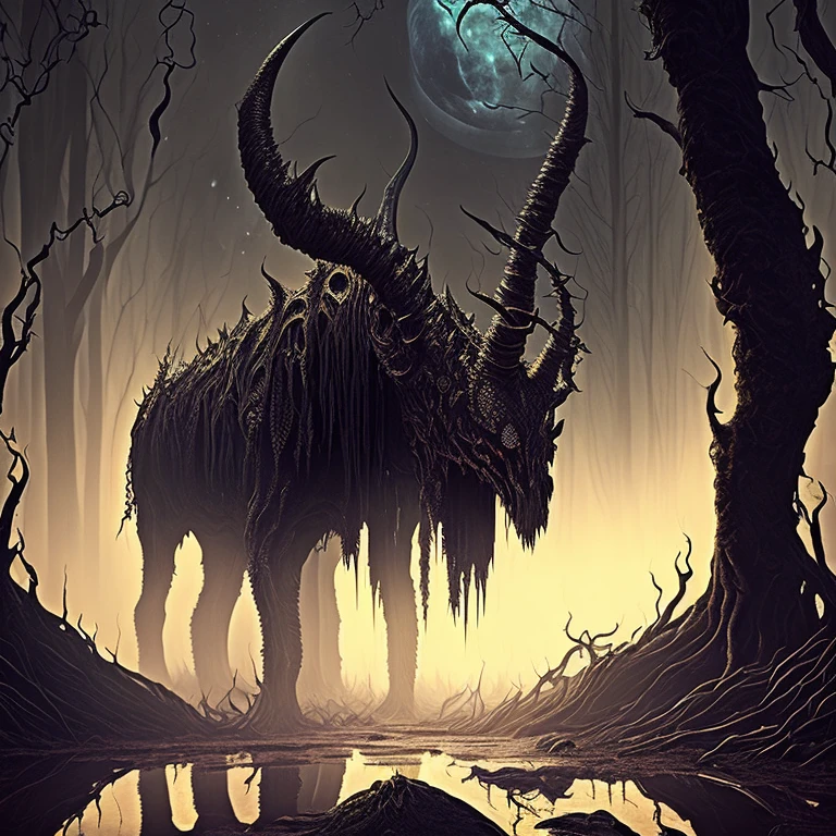 (best quality,ultra-detailed,realistic:1.37),(dark,ominous) eldritch horror,(scary,terrifying) creature crawling,(many:1.1) tentacles,(many:1.1) insect eyes,(eerie atmosphere),(moonlit) forest,(mysterious) swamp,(sinister) ambiance, (moonlight) reflections,(ominous shadows),(sinuous movements),(grotesque) appearance,(unique) unicorn horn,(golden) protruding from head,(mystical) creature emerging, (foreboding) environment, (eerie soundscape), (nightmarish) aura, (unearthly) presence, (unsettling) atmosphere