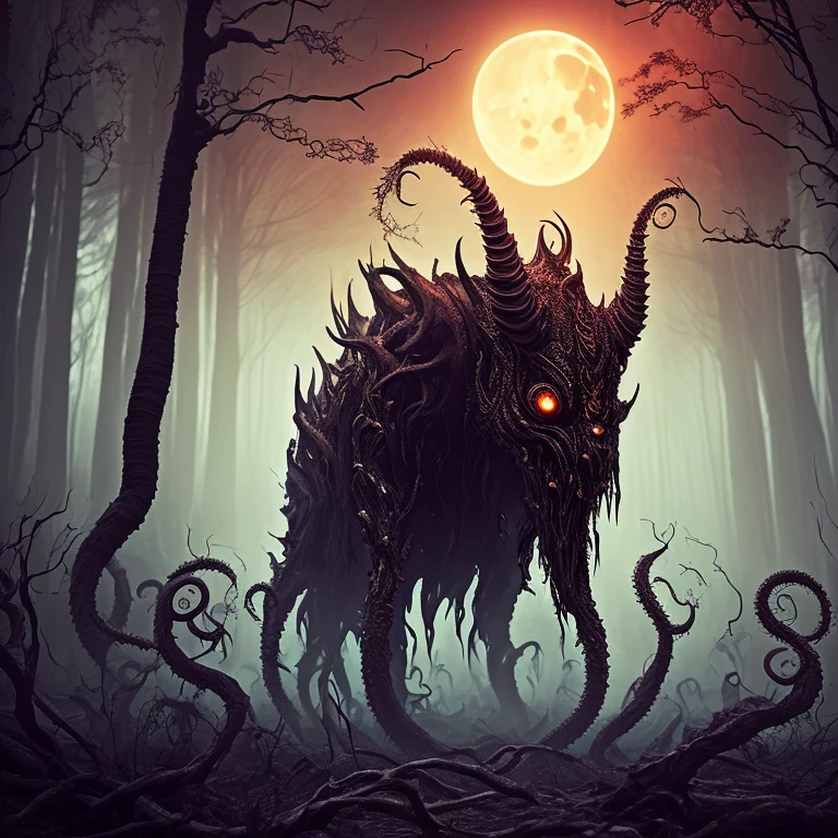 An eldritch horror with many tentacles and many insect eyes crawls through the forest, it has a single golden unicorn head protruding from its head, set in a moonlit swamp