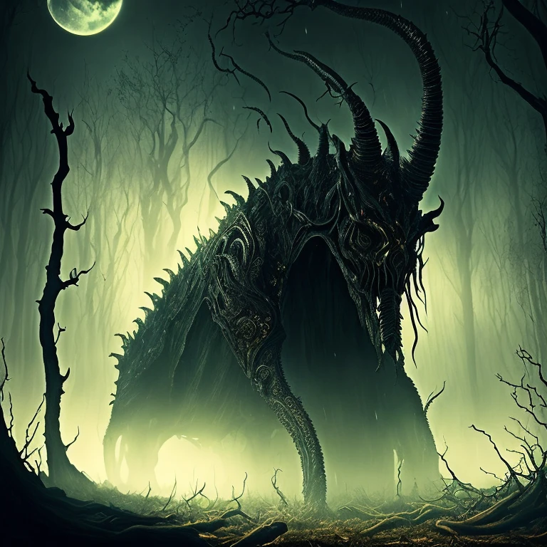 (best quality,ultra-detailed,realistic:1.37),(dark,ominous) eldritch horror,(scary,terrifying) creature crawling,(many:1.1) tentacles,(many:1.1) insect eyes,(eerie atmosphere),(moonlit) forest,(mysterious) swamp,(sinister) ambiance, (moonlight) reflections,(ominous shadows),(sinuous movements),(grotesque) appearance,(unique) unicorn horn,(golden) protruding from head,(mystical) creature emerging, (foreboding) environment, (eerie soundscape), (nightmarish) aura, (unearthly) presence, (unsettling) atmosphere