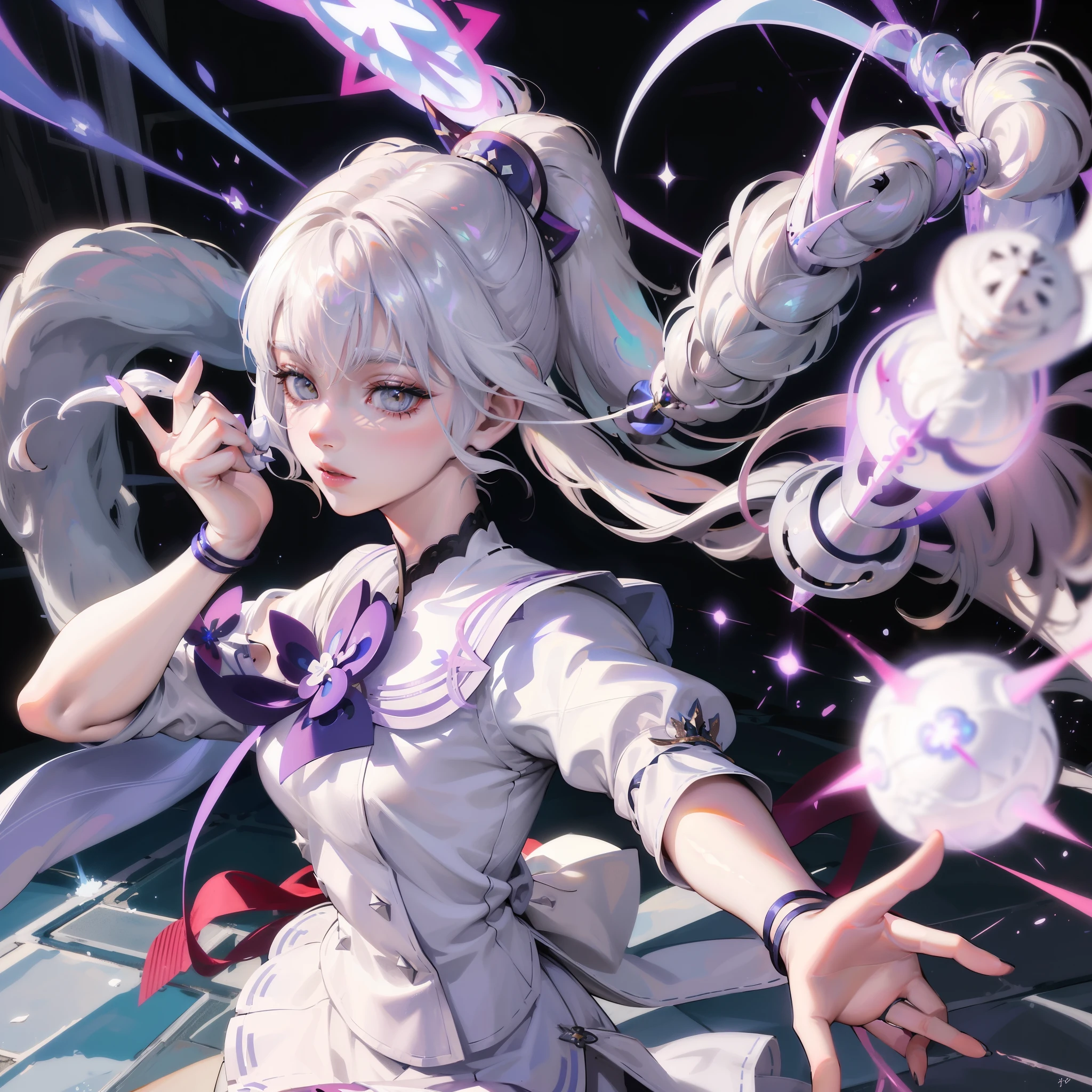 ((16 Yasakiya)), ((Eastern Project)), role play, 20 year old female, (((white hair)), ((medium spiky hair)), ((blue maid outfit)), ((White shirt))))), (posture))), (Realistic photos: 1.3), rim light, (High detail skin:1.2), 8k UHD, SLR camera, high quality, high resolution, 4K, 8k, Bokeh, absurd, The optimal ratio of four fingers to one thumb, (real:1.3), Cutest 1 girl,Offensive state,mage,