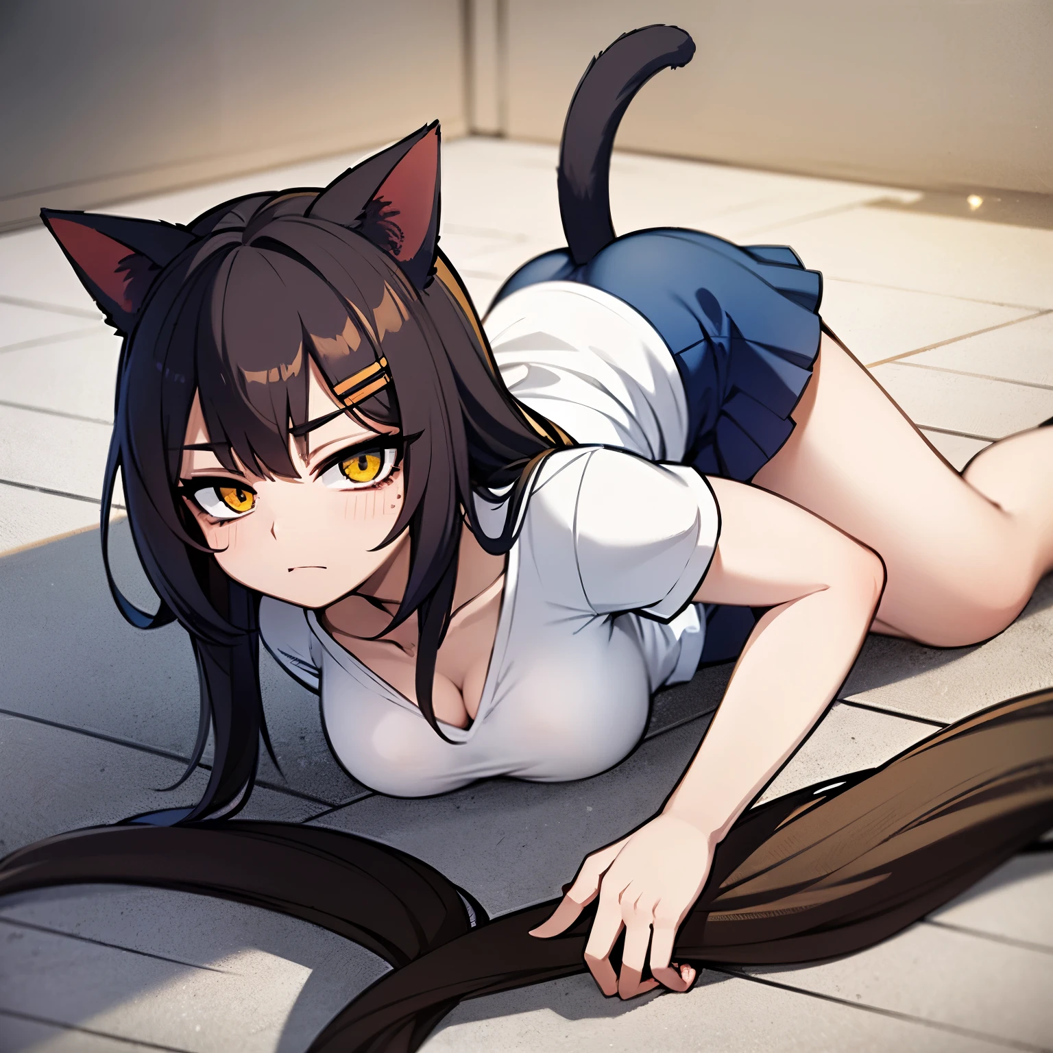 black twintail hair, medium breasts, naked, crawling, blushing, full body, on the beach, masterpiece ,very detailed, side view, armpits, cat ears, cat tail