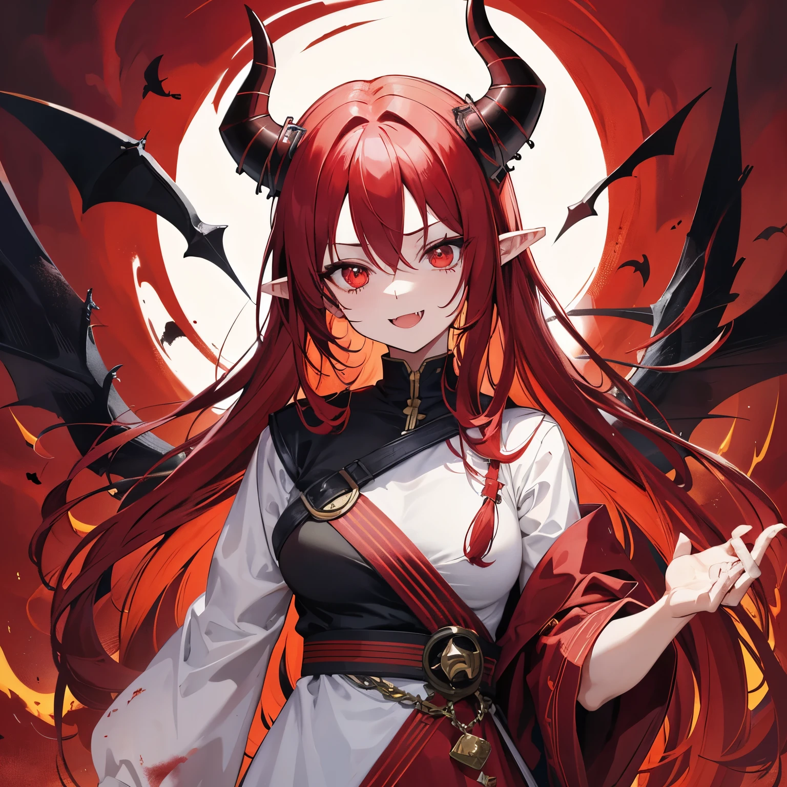 red hair, hair over shoulder, messy hair, demon horns, forehead mark, crazy eyes, devil pupils, pointy ears, evil smile, fangs, smiley, naughty, skin fang, anime, anime style, first-person view, tachi-e, UHD, masterpiece, ccurate, textured skin, super detail, high details, high quality, best quality, highres