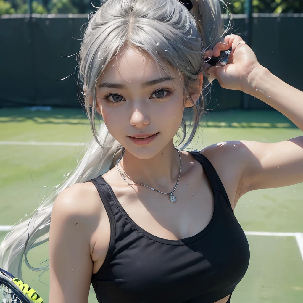 ((During a tennis match)),((black eyes)),((Japanese)),((whole body)),((silver hair)),long hair,((very small )),((smile)),heavy makeup,necklace,On the tennis court,((tennis wear)),wet hair,ponytail,natural face,((beautiful nipples)),1 person,Both arms up,Smartphone Photography,sweaty,((More realistic photos)),((super small breasts)),((A cup)),((Holding a tennis racket))