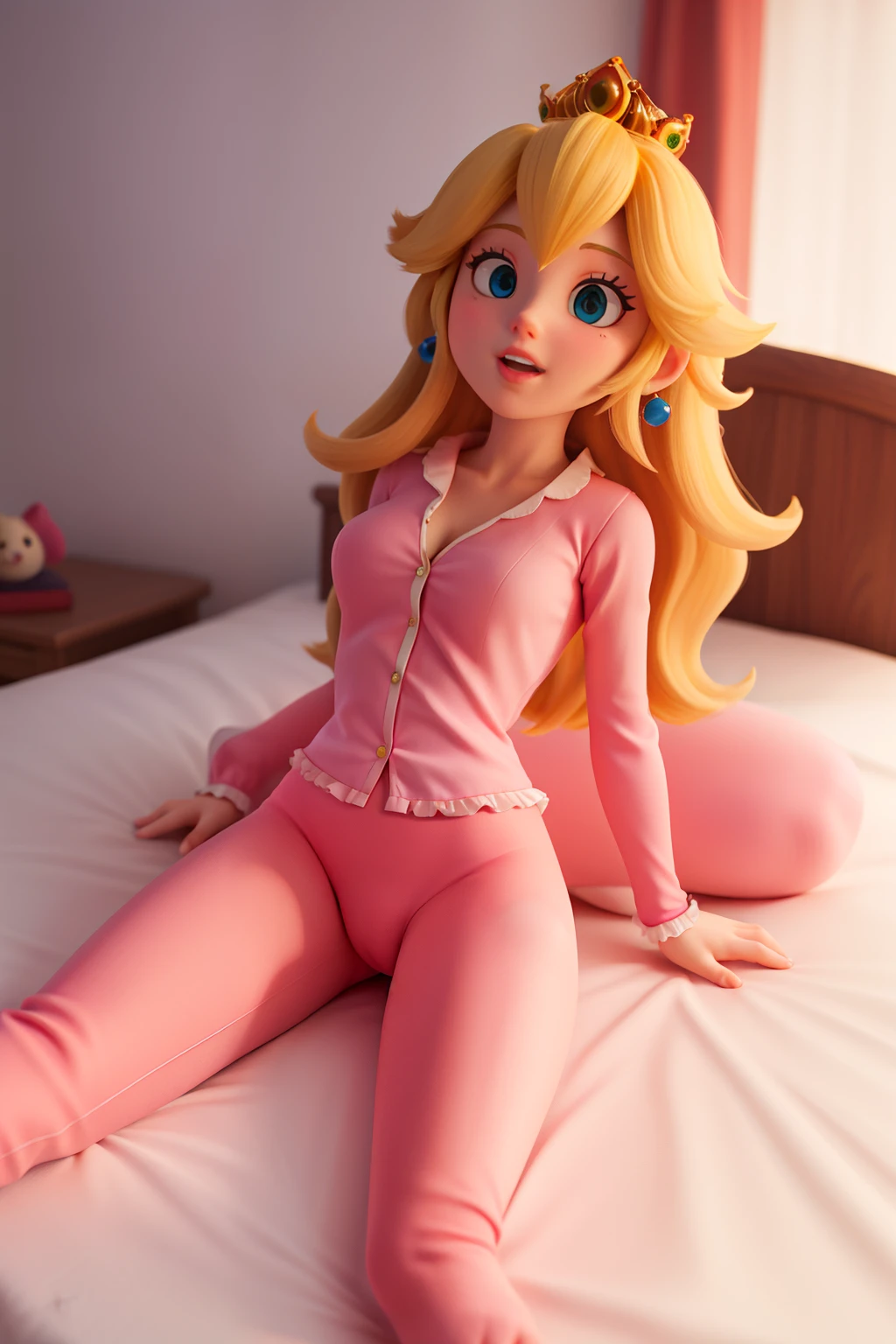 princess peach,Pijama,in bed lying down showing her crotch, tight clothes, wide thighs
