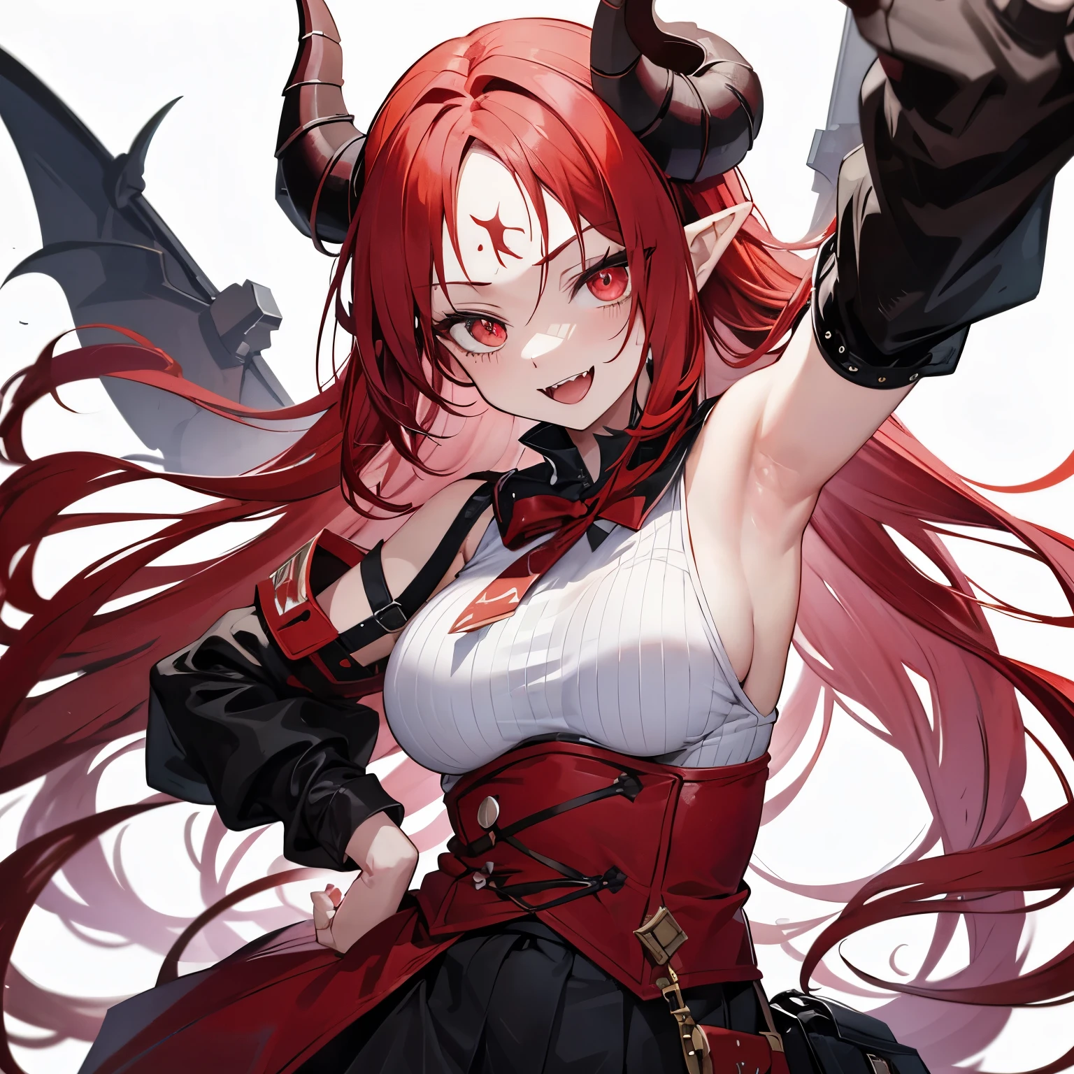 red hair, hair over shoulder, messy hair, demon horns, forehead mark, crazy eyes, devil pupils, pointy ears, evil smile, fangs, smiley, naughty, skin fang, anime, anime style, first-person view, tachi-e, UHD, masterpiece, ccurate, textured skin, super detail, high details, high quality, best quality, highres