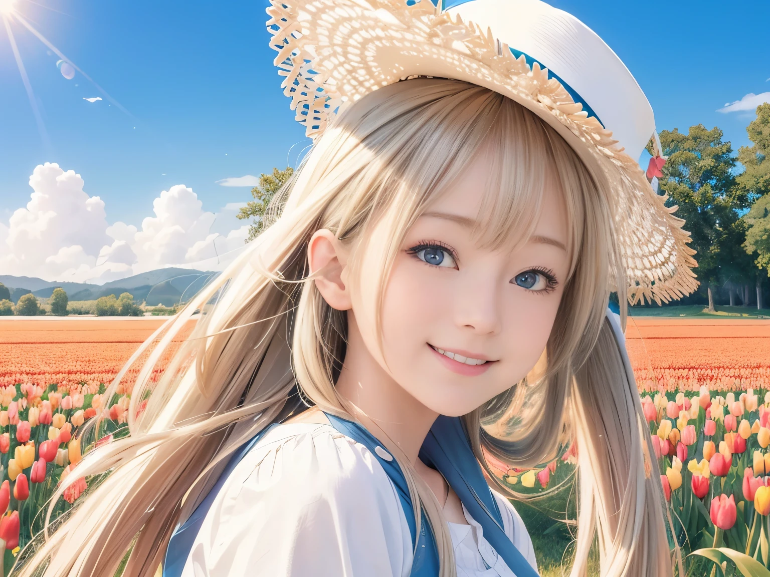 (8K, RAW photo, realistic, photo-realistic:1.5), masterpiece, highest quality, High resolution, very detailed, detailed background, cinematic lighting, dynamic angle, Lens flare, dramatic, 1 girl, pretty girl, alone, Wind, pale blonde hair, blue eyes, very long twin tails, white hat, blue null, smile, flying petals, flowery field, null, tulip, sun, field, fractal art,