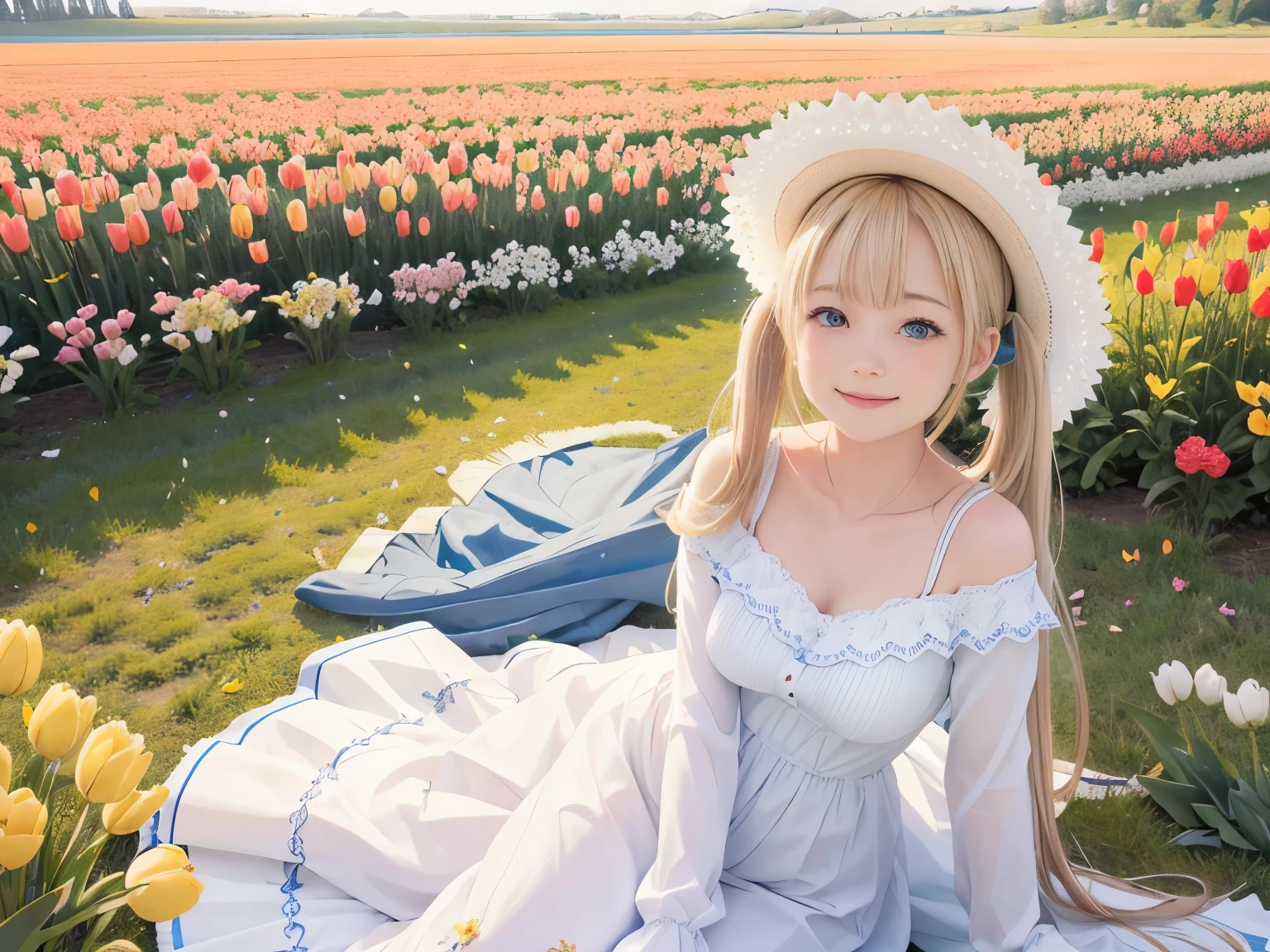 (8k, RAW photo, realistic, photo-realistic:1.5), masterpiece, best quality, high resolution, extremely detailed, detailed background, cinematic lighting, dynamic angle, lens flare, dramatic, 1girl, cute girl, solo, wind, pale-blonde hair, blue eyes, very long twintails, white hat, blue sky, laugh, flying petal, flowery field, sky, tulip, sun, field, fractal art,