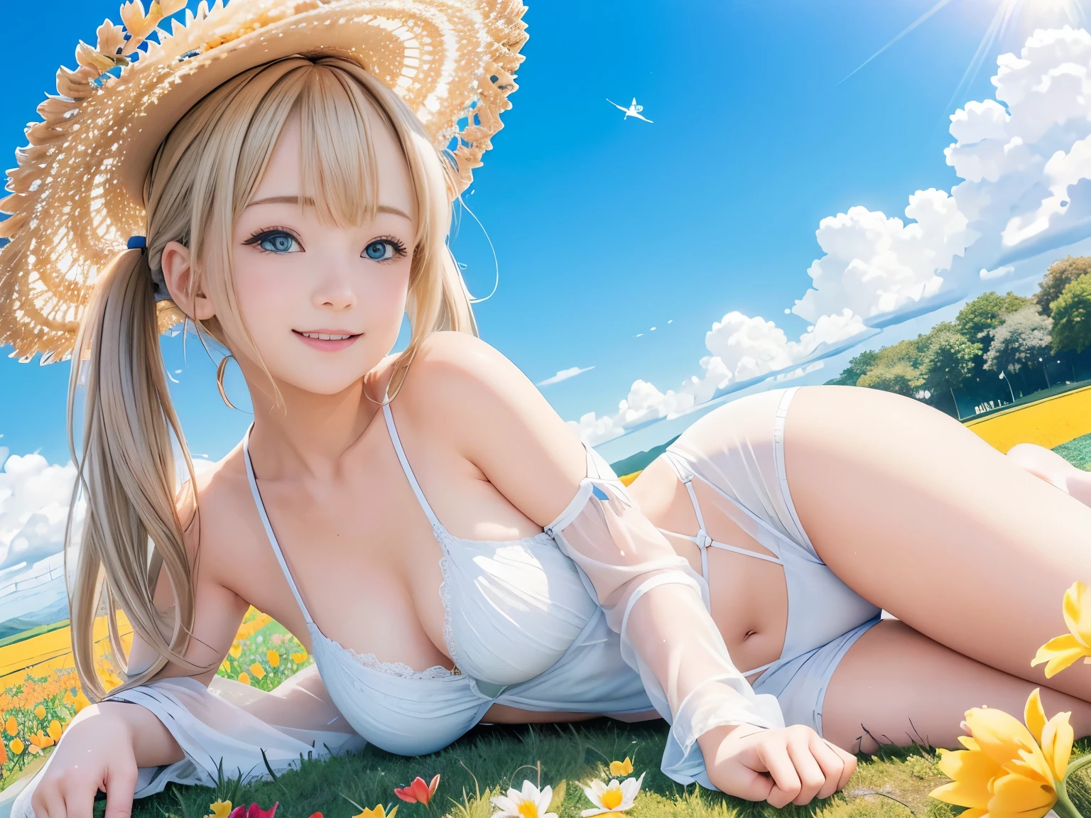 (8K, RAW photo, realistic, photo-realistic:1.5), masterpiece, highest quality, High resolution, very detailed, detailed background, cinematic lighting, dynamic angle, Lens flare, dramatic, 1 girl, pretty girl, alone, Wind, pale blonde hair, blue eyes, very long twin tails, white hat, blue null, smile, flying petals, flowery field, null, tulip, sun, field, fractal art,