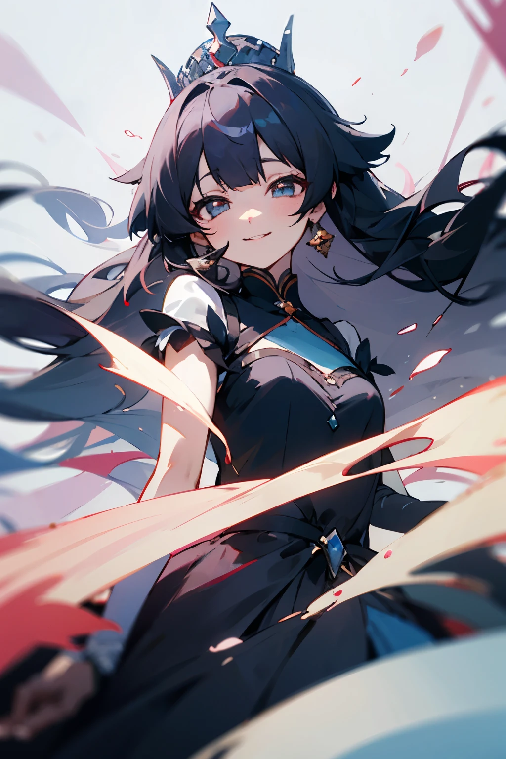 black hair,long hair,Princess,black dress,beautiful,Drooping eyes,Marume,smile,1 person