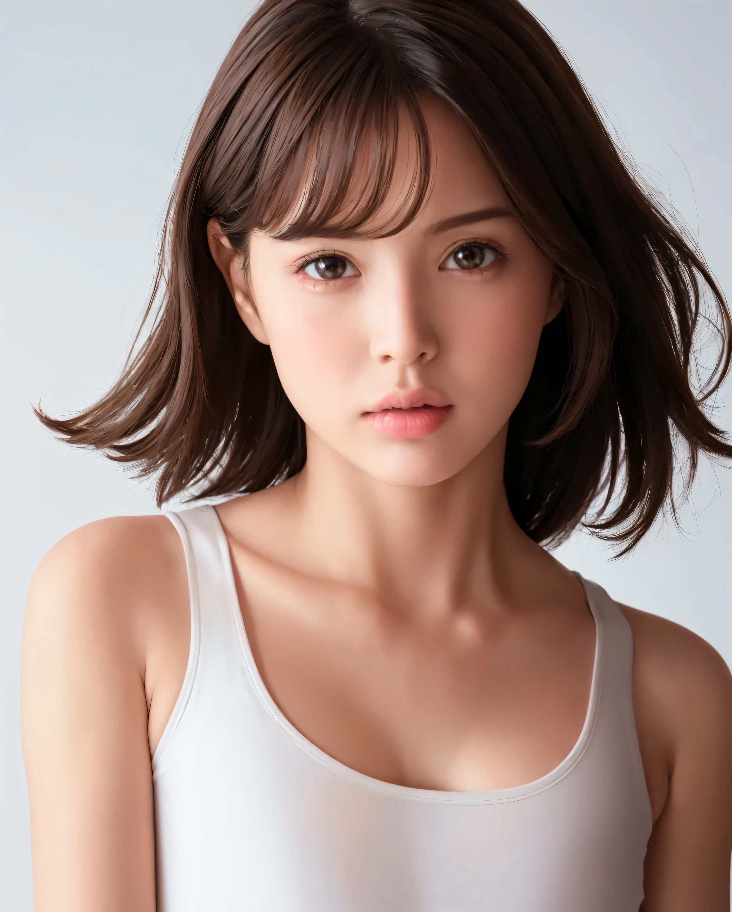 best quality, photorealistic, 8k, high res, 1girl, woman, (skindentation), (portrait:0.6), gorgeous, ((whitebackground, sport tanktop, small breast:1.65)), (short wavy hair, parted bangs:1.6), looking at viewer, front face,from front,small face, perfect face,No Make Look, (1girl eyes looking at viewer:1.6), photorealistic, (bokeh), (floating hair, lips, closed mouth:1.43), gorgeous, pureerosface_v1:1,  