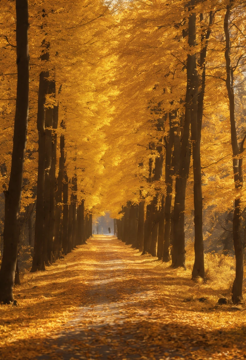 A wild road covered with golden fallen leaves, the leaves are falling, reminding us of the end of autumn, bright sunlight, beauty that makes you want to roll around, 8K image.