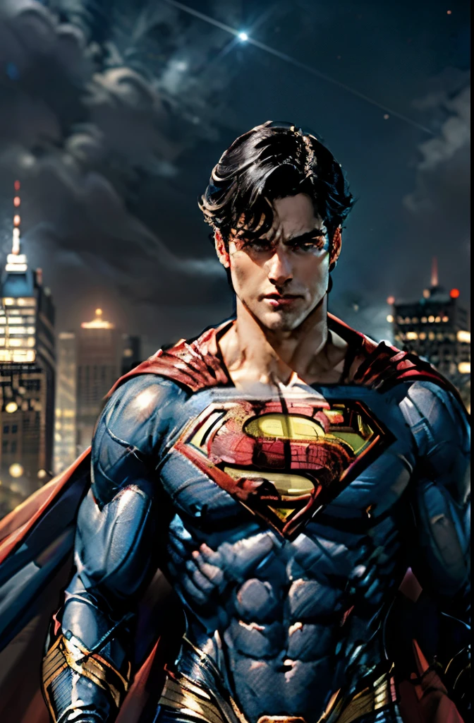 1boy, superman, grin, grinning, abs, bara, black hair, blue bodysuit, blue eyes, bodysuit, full length cape, closed mouth, heroic, large pectorals, male focus, muscular, muscular male, pectoral lift, pectorals, red cape, short hair, outdoors, skyscrapers, solo, superhero, upper body , ((masterpiece)), super hero pose