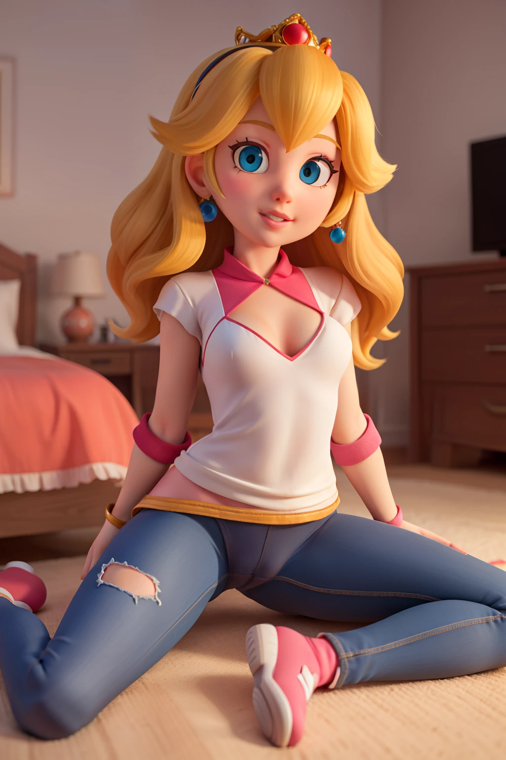 princess peach,panties,sitting on the bedroom floor showing her crotch, tight clothes, wide thighs,in love with the viewer