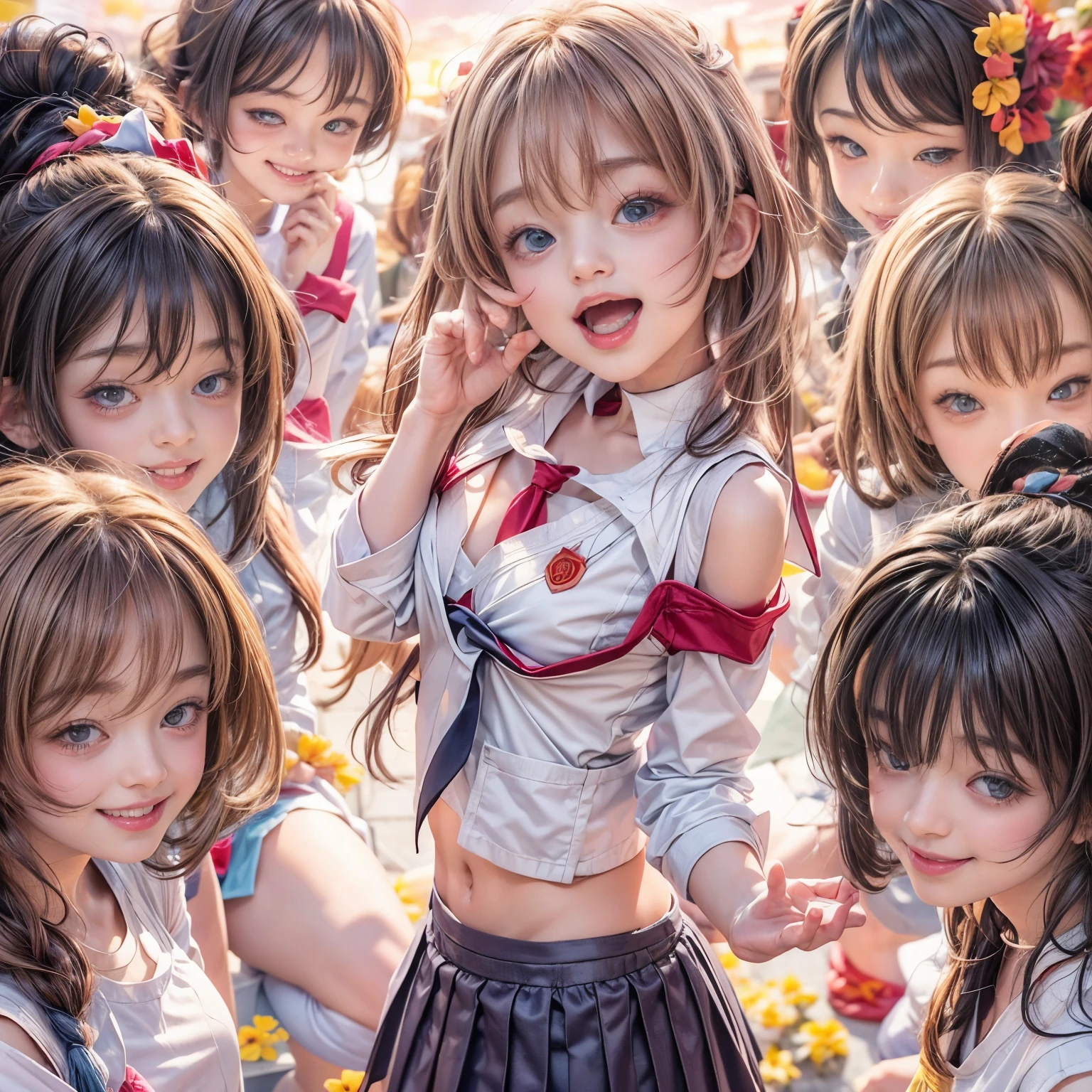 (SFW, White and Red, Ultra-detailed masterpiece:1.2, Exposed:1.2), (nipple:-0.99), (Acutance:0.8), (many sexy junior idols in group photograph), (((Extremely Detailed KAWAII face variations), joyful expression variations)), { Open Cleavage | Navel | pretty Ass | Overflowing Underboob | (Front Opened white blouse) | full of Flowers covering girl's body | (Colorful Light shines from Dazzling and delicate stained glass:1.2) }. (((Ultrealistic and photorealistic:1.37)) with a touch of rawness). { under the mesmerizing back lighting | concept art | enhancing the overall visual impact }. (not Detailed fingers:-0.9) .