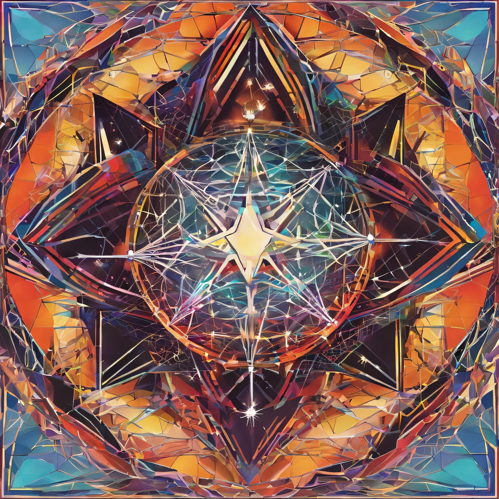 A heptagram, septagram, septegram or septogram is a seven-point star drawn with seven straight strokes. In general, a heptagram is any self-intersecting heptagon (7-sided polygon). spiritual artsurrounded by crystal spheres, 3D tessellation wireframe, neural graphic, neurons, tree of life, color, love, passion, oil on canvas, thick brushstrokes, insanely detailed, 8k uhd, masterpiece, artstation, surreal